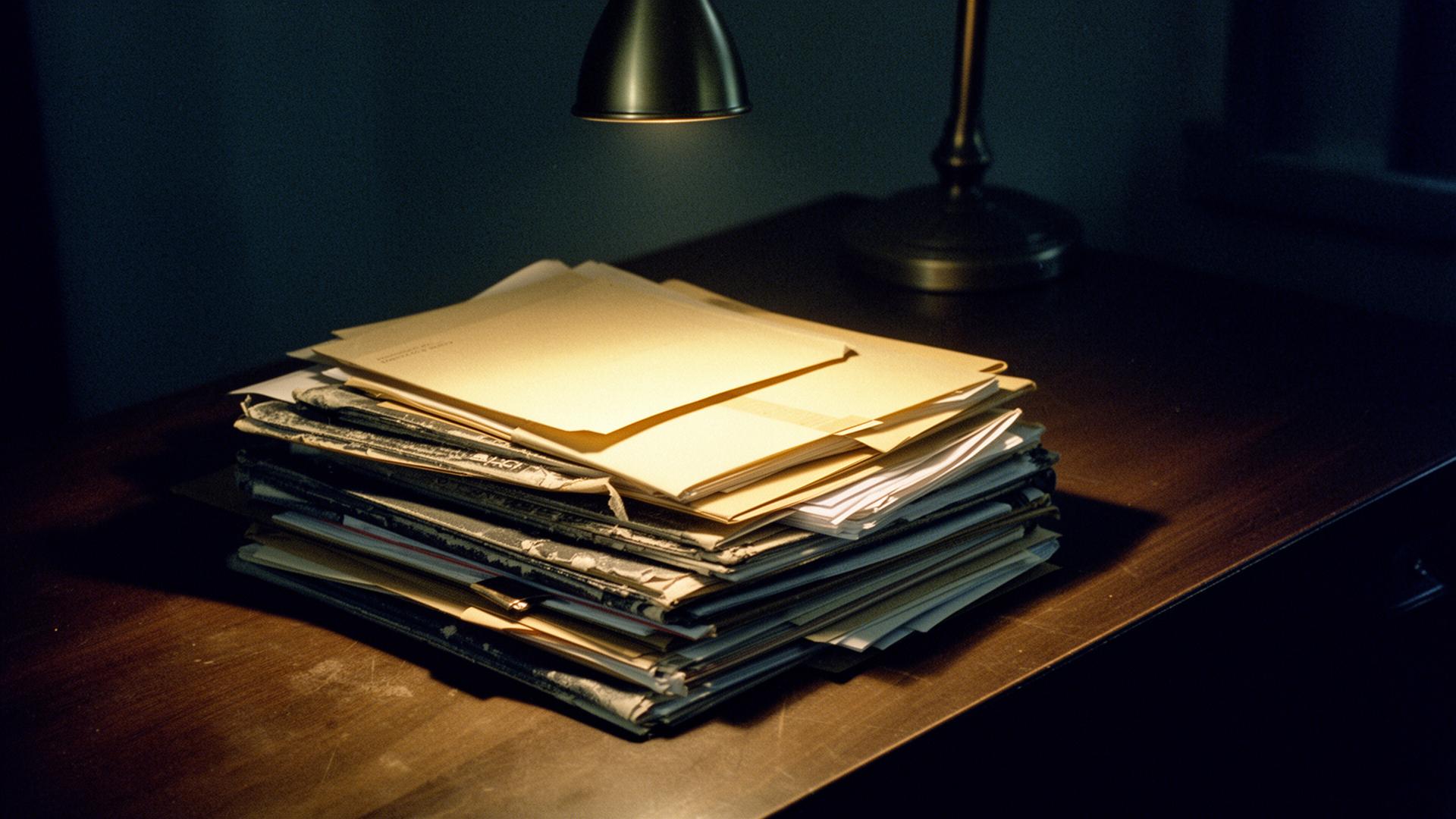 Stack of case files under a single lamp