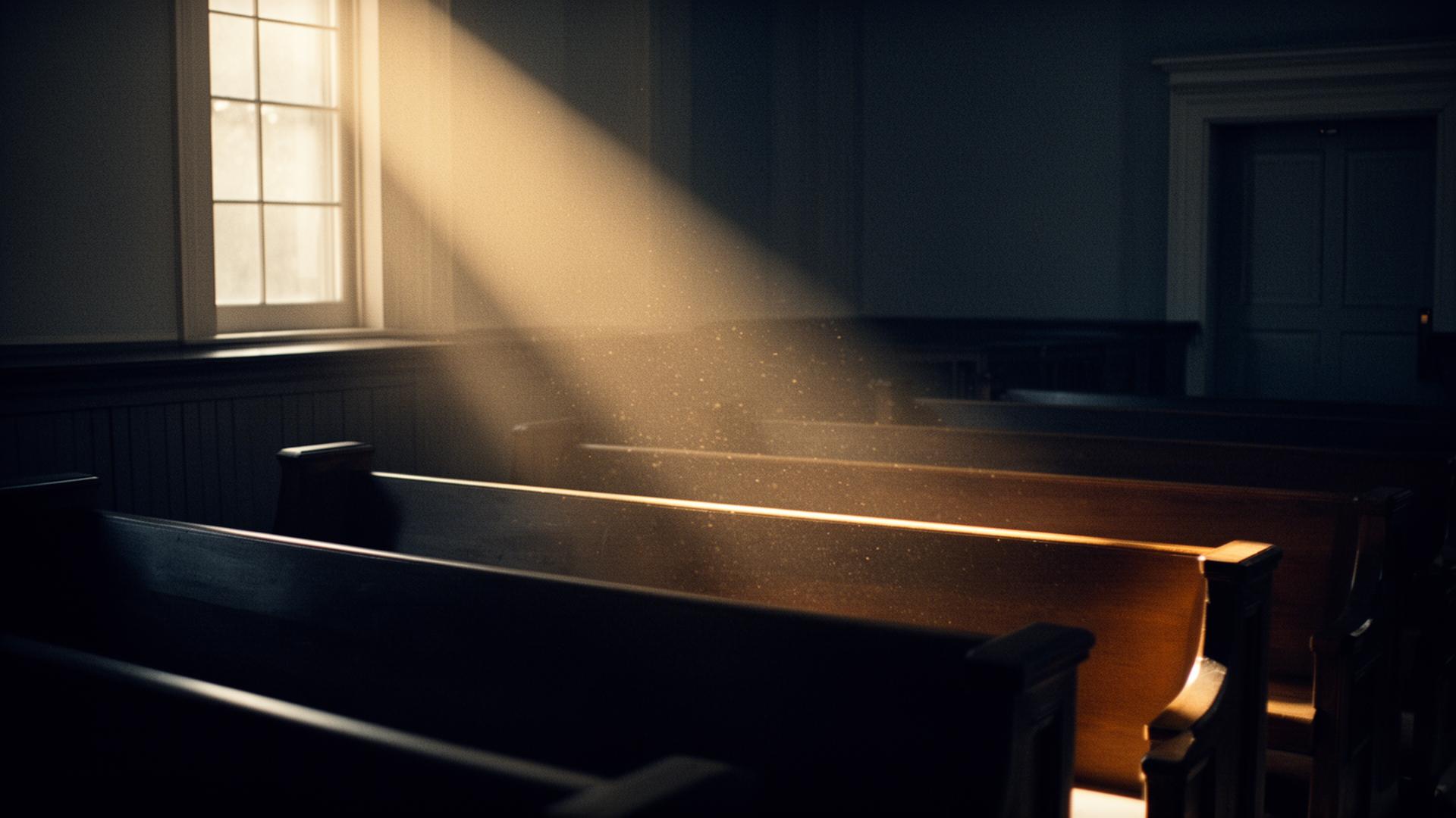 Empty courtroom benches lit by a single shaft of window light